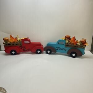 fall autumn vintage blue red trucks withe pumpkins blessings give thanks as is